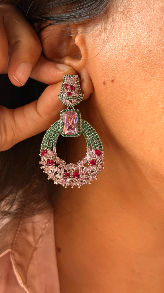Pink and Green Zircon Statement earrings