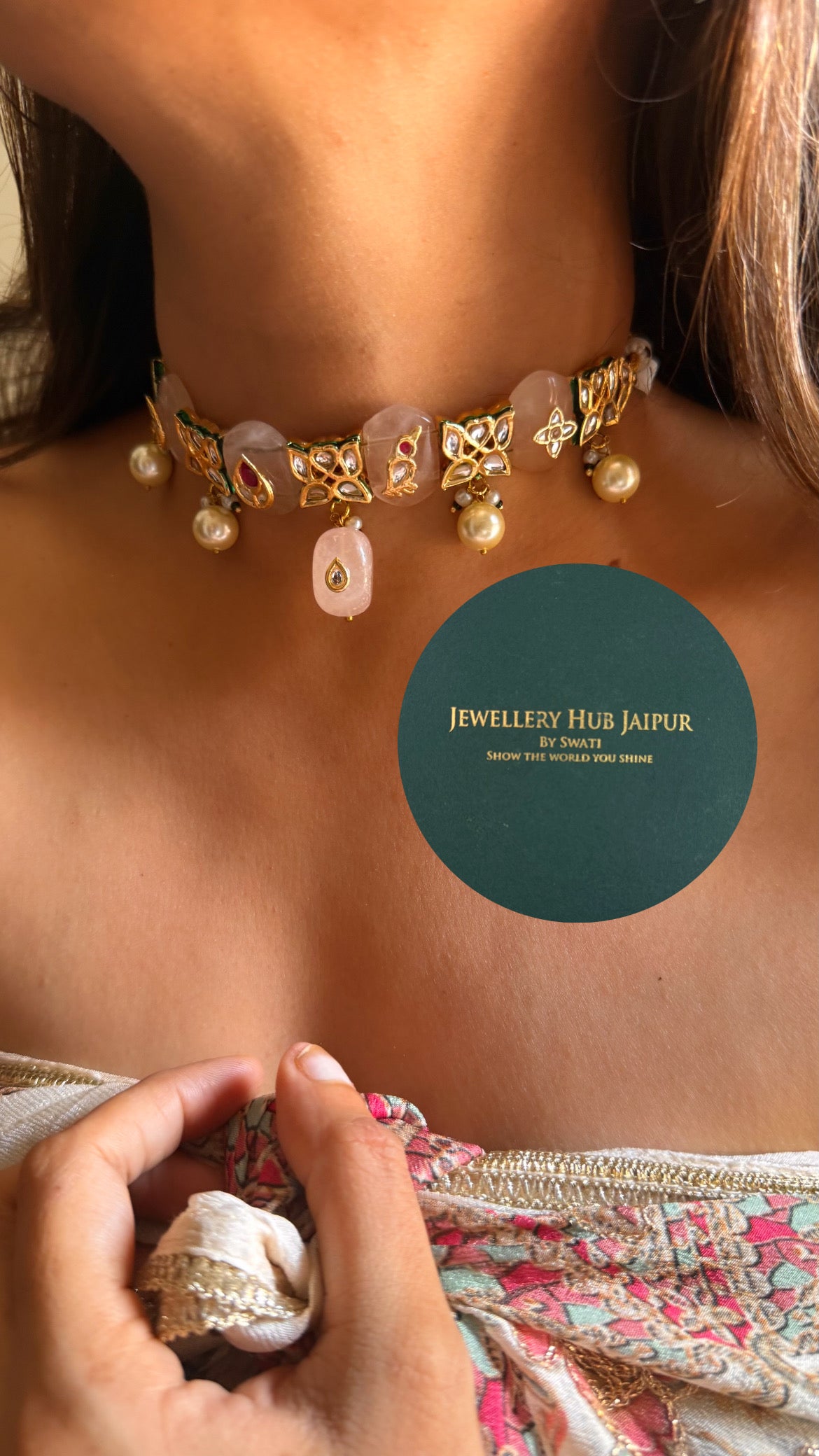 Rose quartz inlay work & emerald meenakari paachi choker set