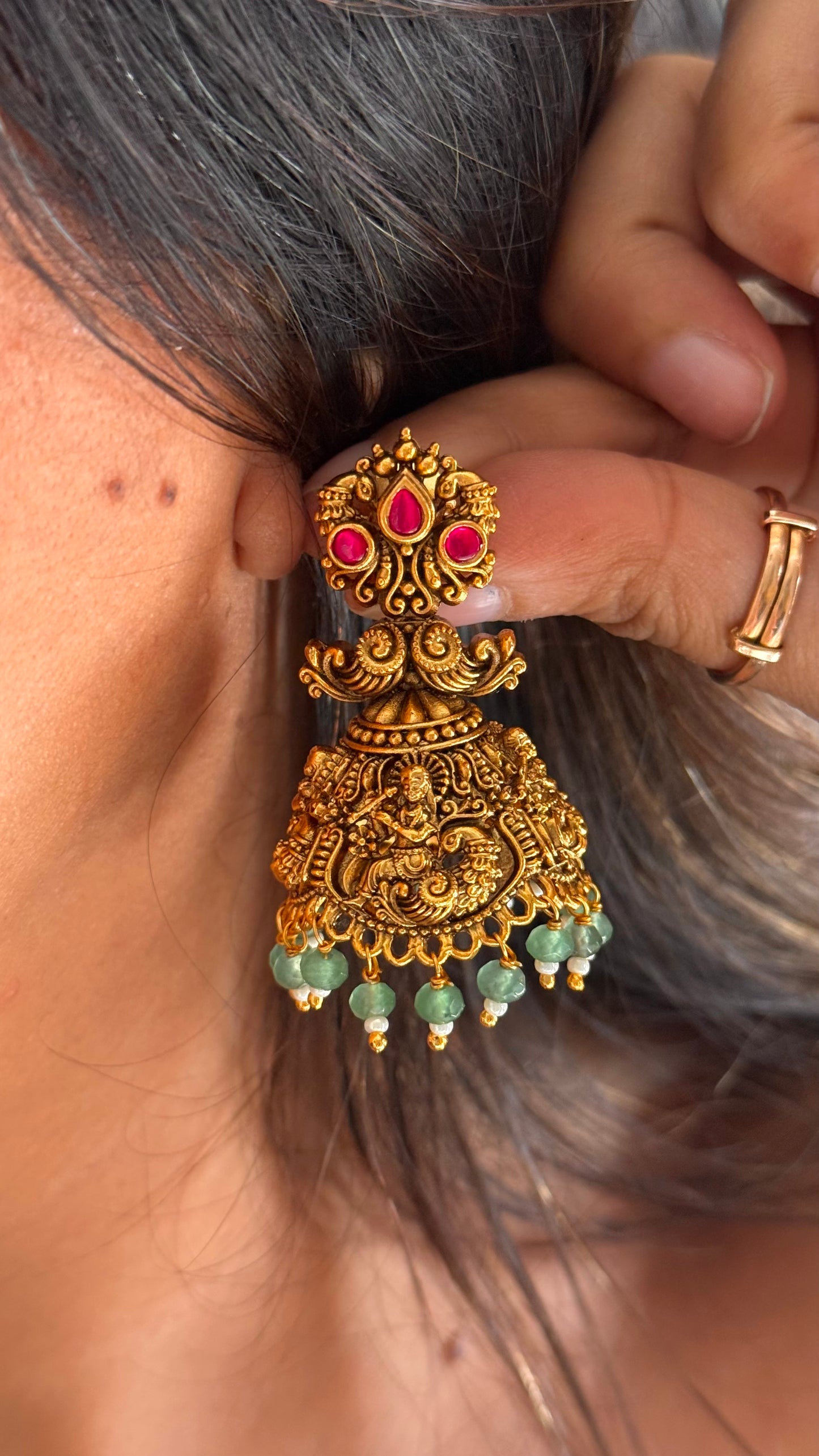 Goddess Laxmi Rani pink ruby temple Jhumka with mint drops