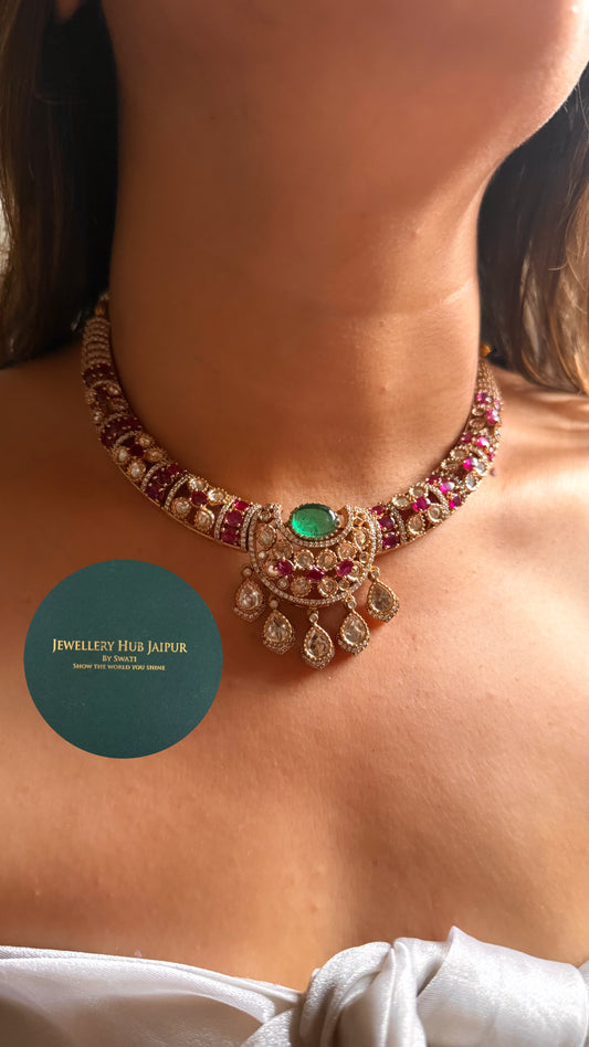 Emerald doublet & rani pink moissanite collar set