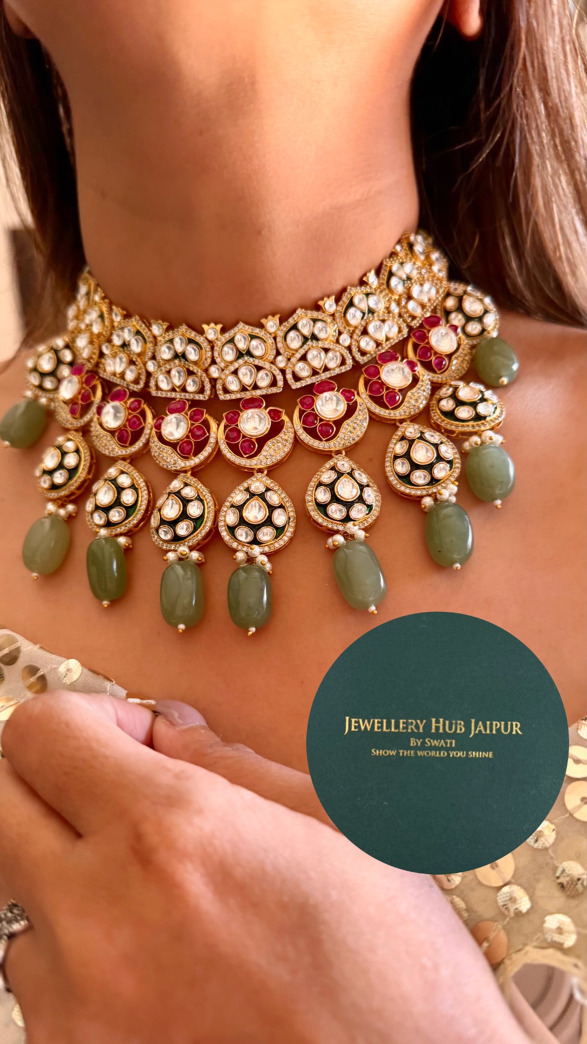 Arzoo Emerald meenakari ruby flower mint drop moissanite necklace