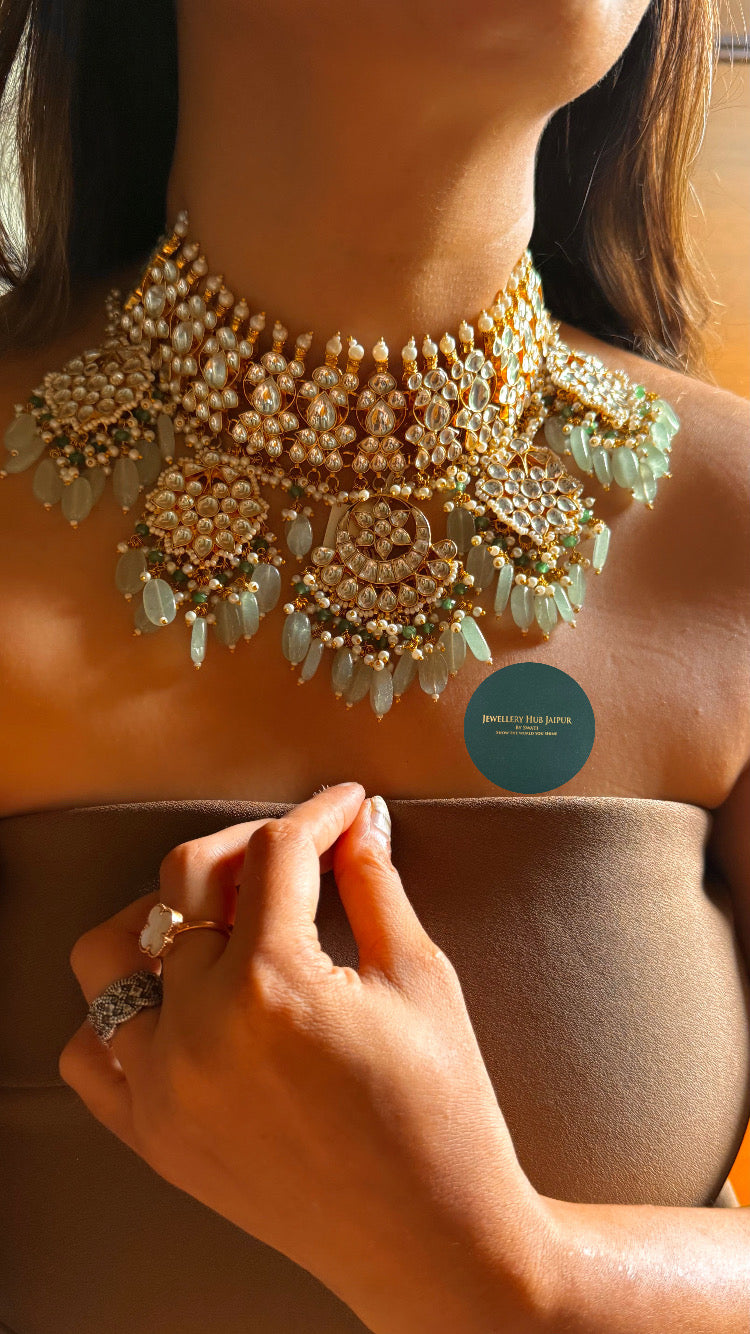 Paachi Heritage Polki paachi kundan with mint drop rajwada set