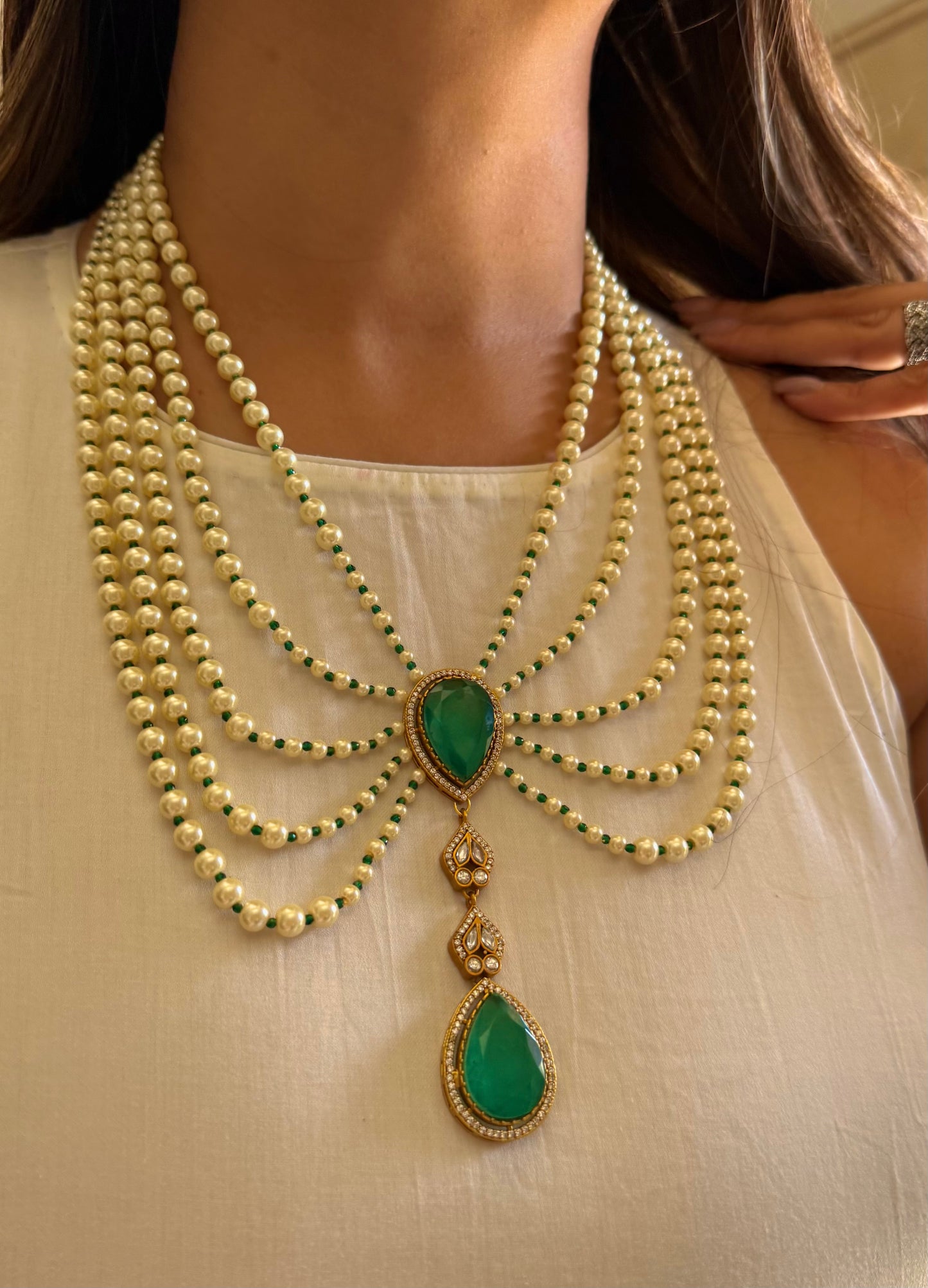 Iqra Emerald moissanite designer mid length pearl necklace