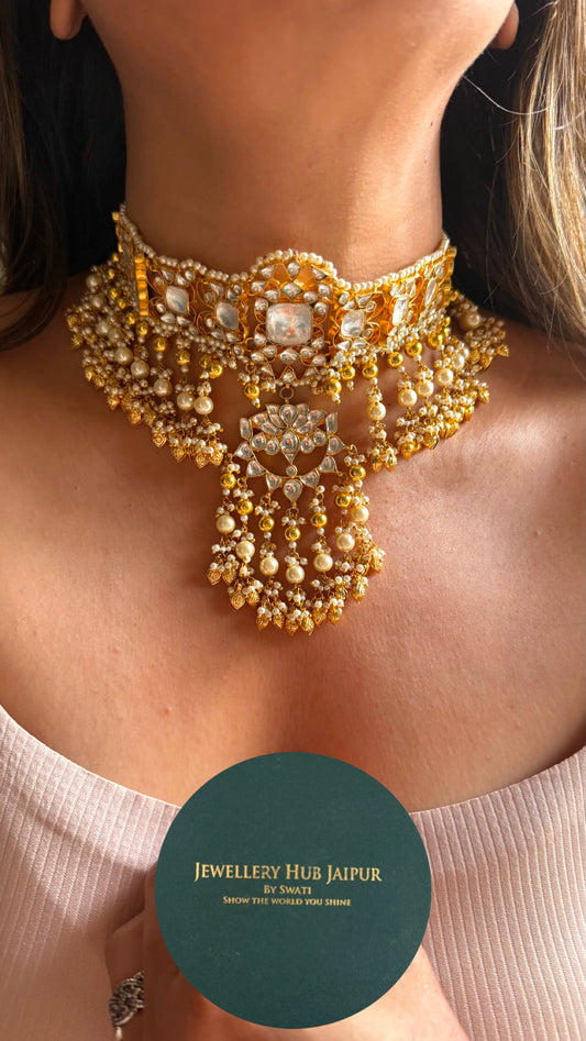 Lotus inspired handmade Paachi kundan choker necklace