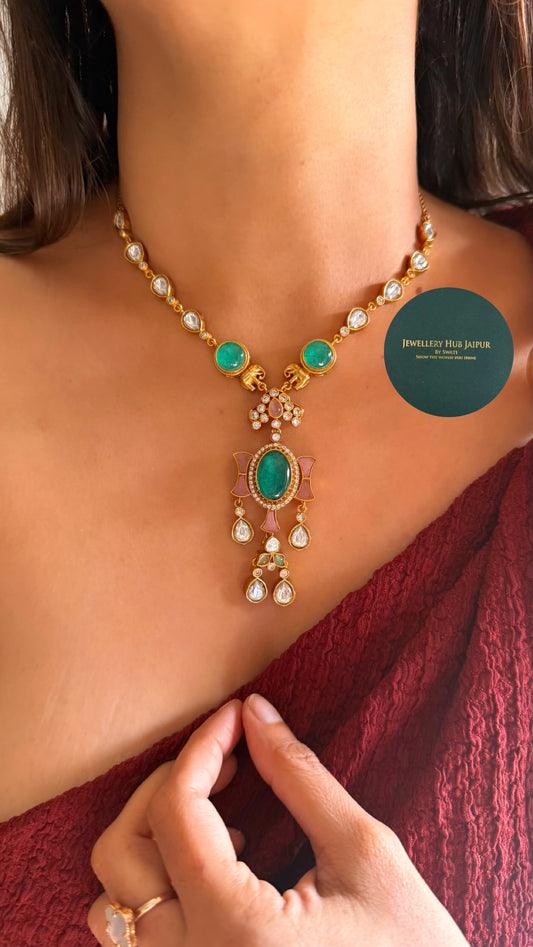 Emerald & ruby minimal pendant set