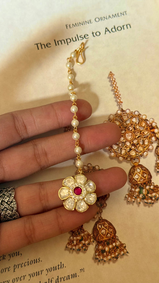 Real moissanite rani pink floral maangtika