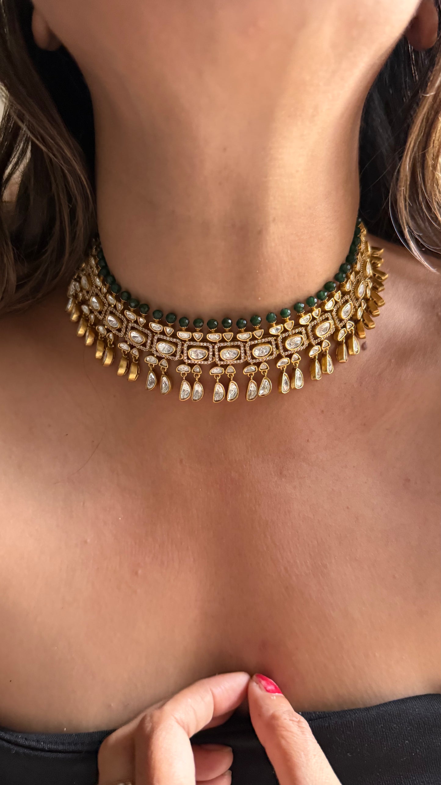 Emerald polki choker necklace
