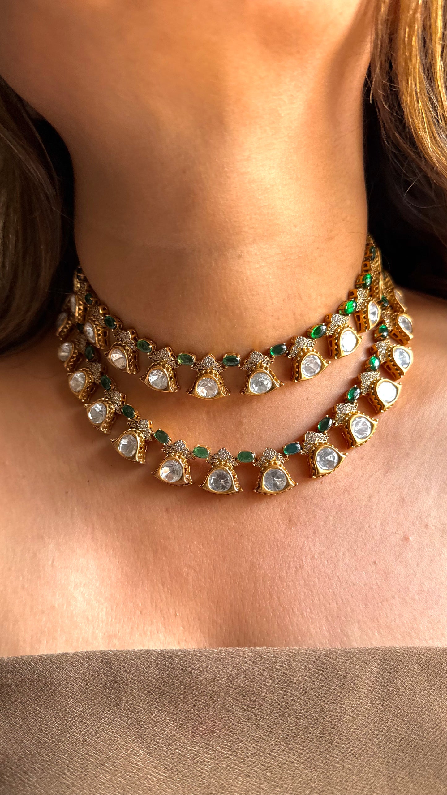 Emerald dual line polki collar necklace