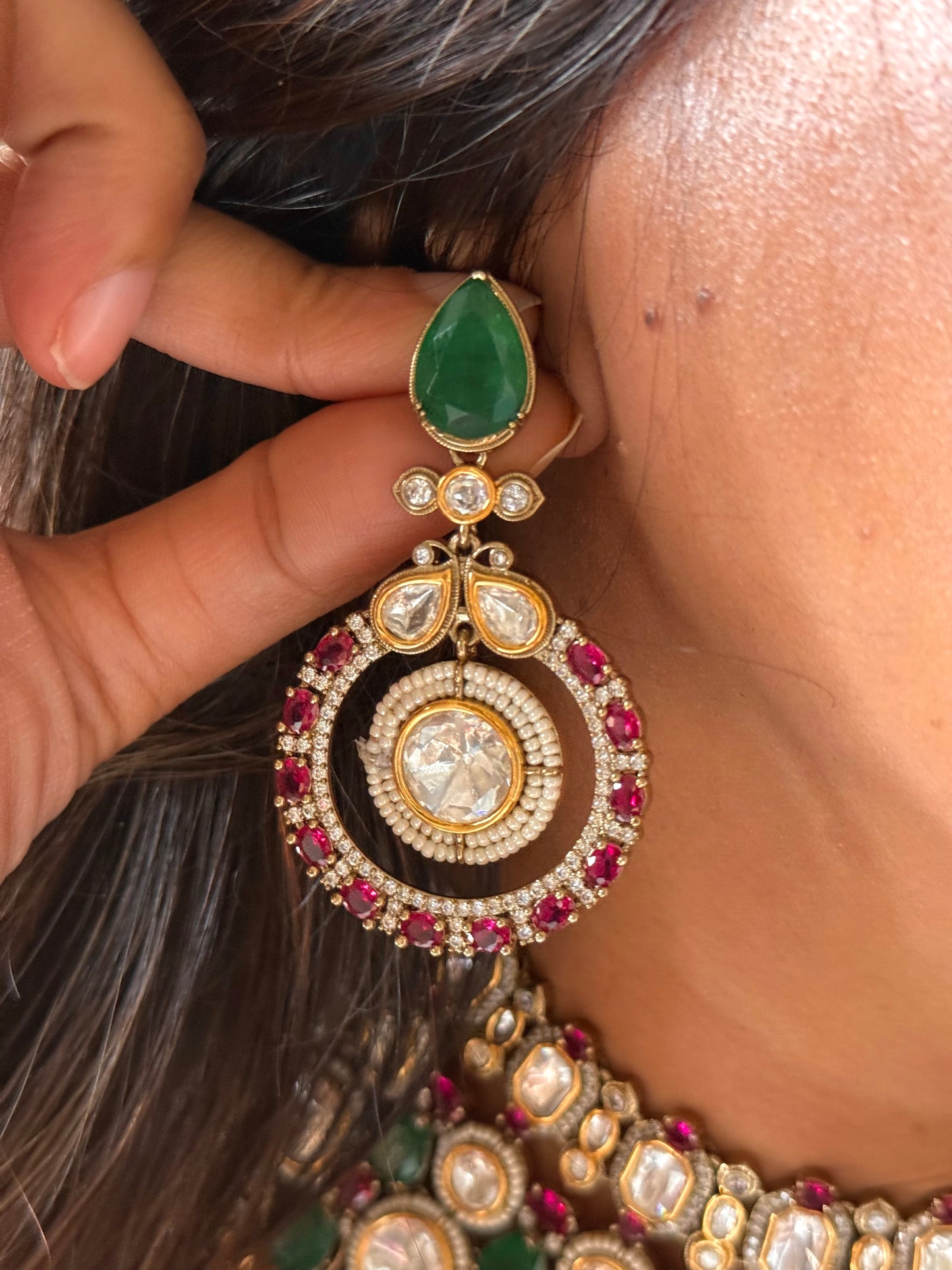 Emerald & ruby doublet real moissanite choker set