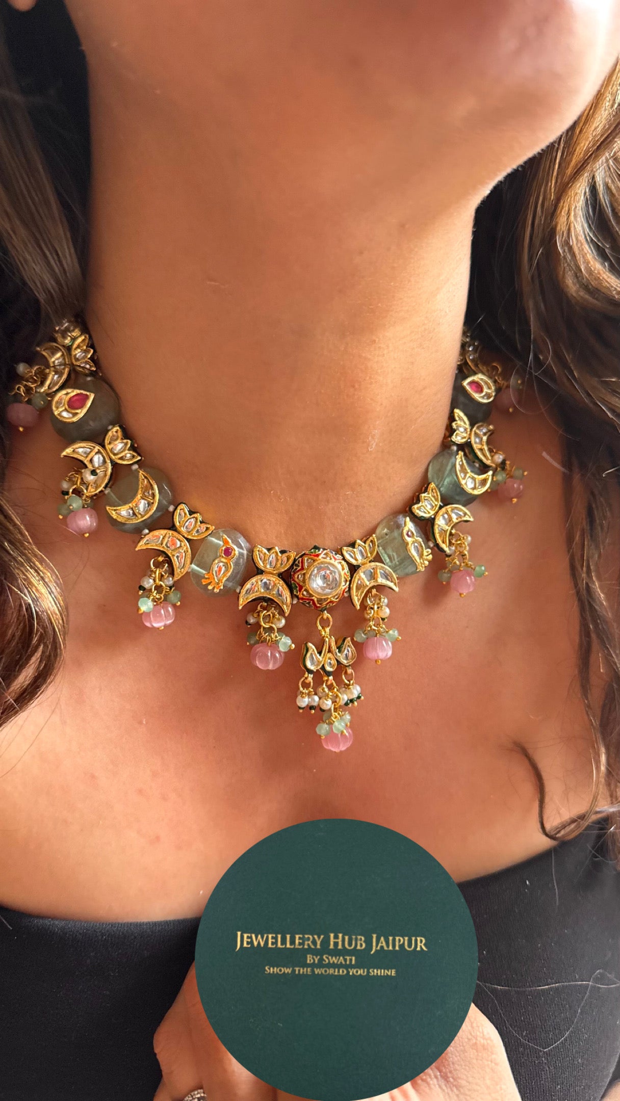 Meenakari mint inlay with rose quartz drop collar Necklace