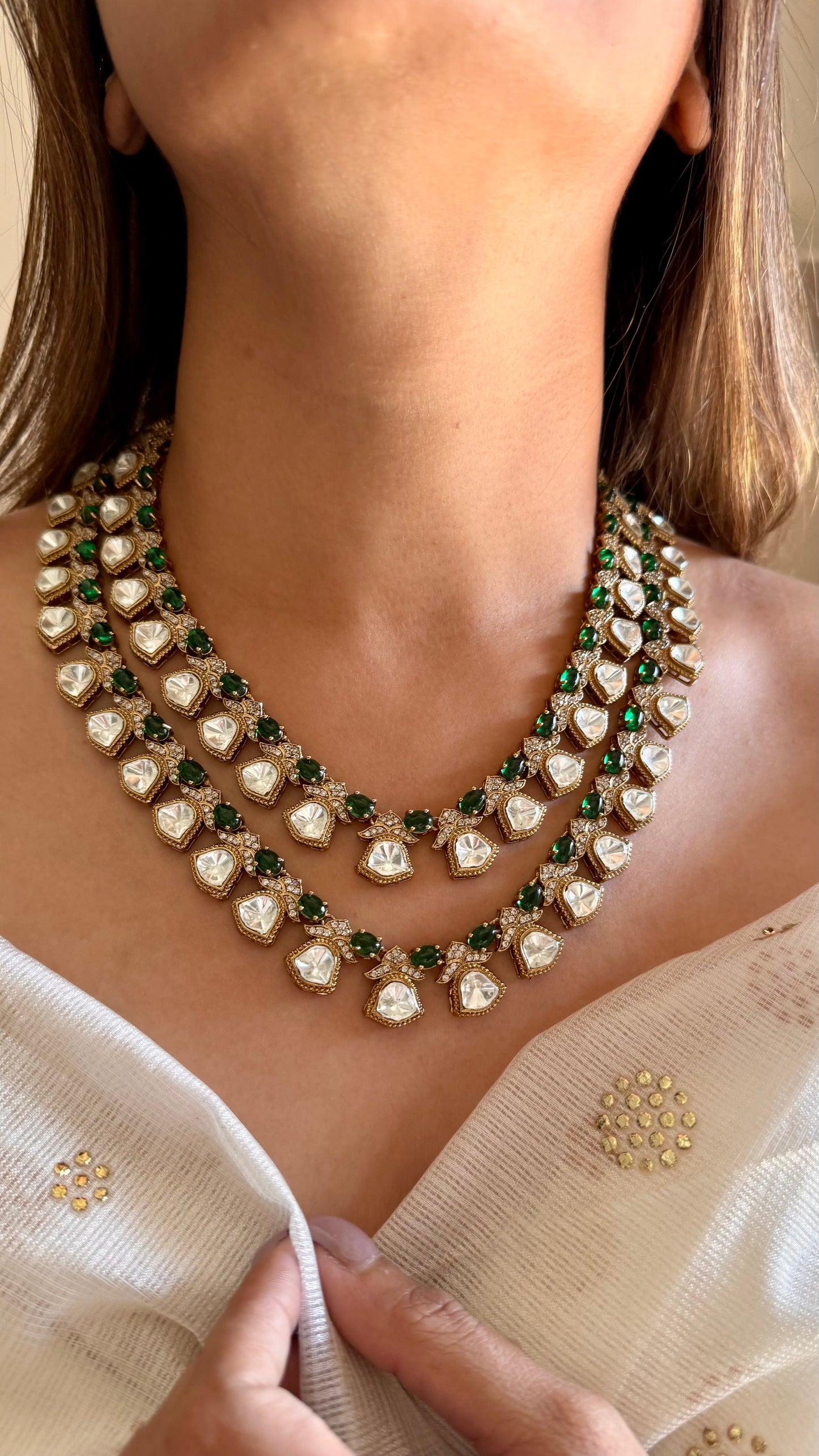 Emerald dual layered moissanite necklace