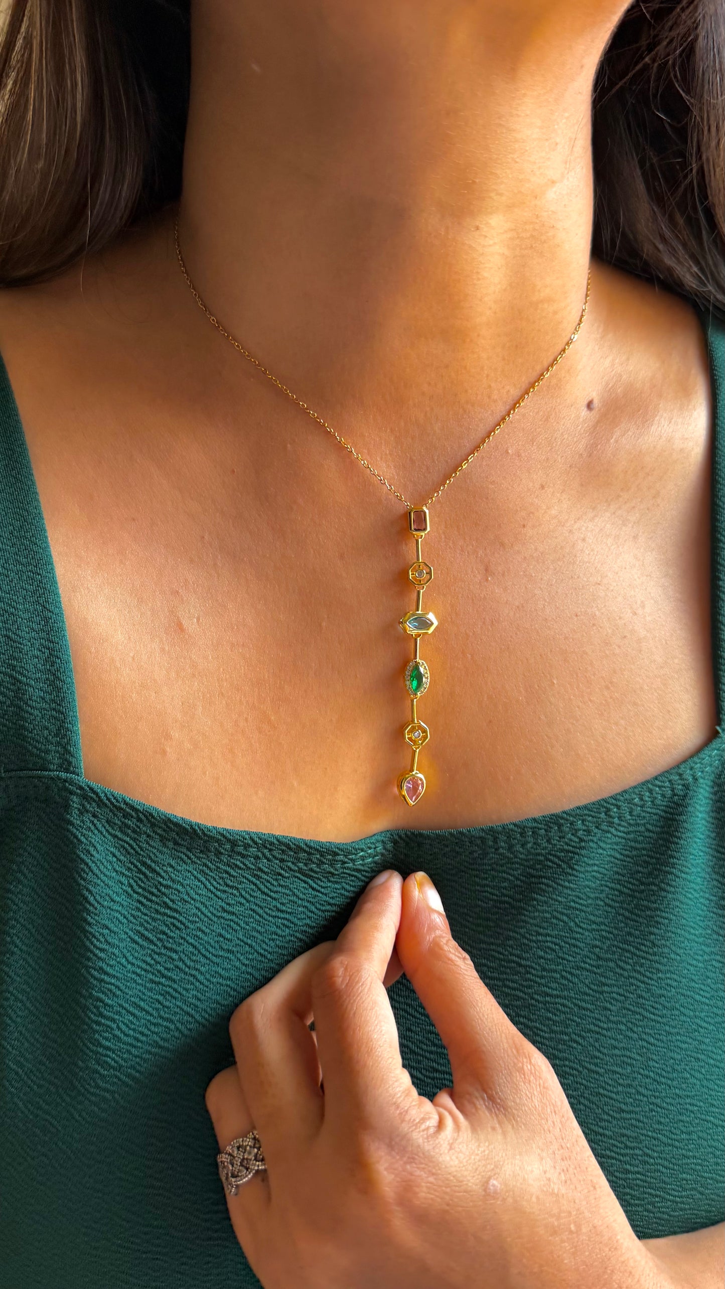 Rainbow Gemstone Lariat Pendant