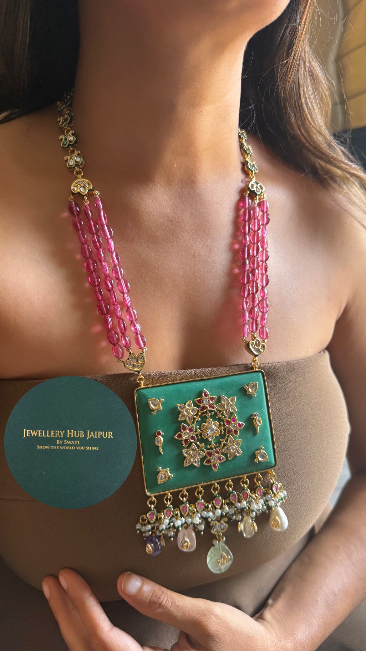 Emerald inlay work & rani pink string meenakari paachi with navratna drop inlay heritage long set