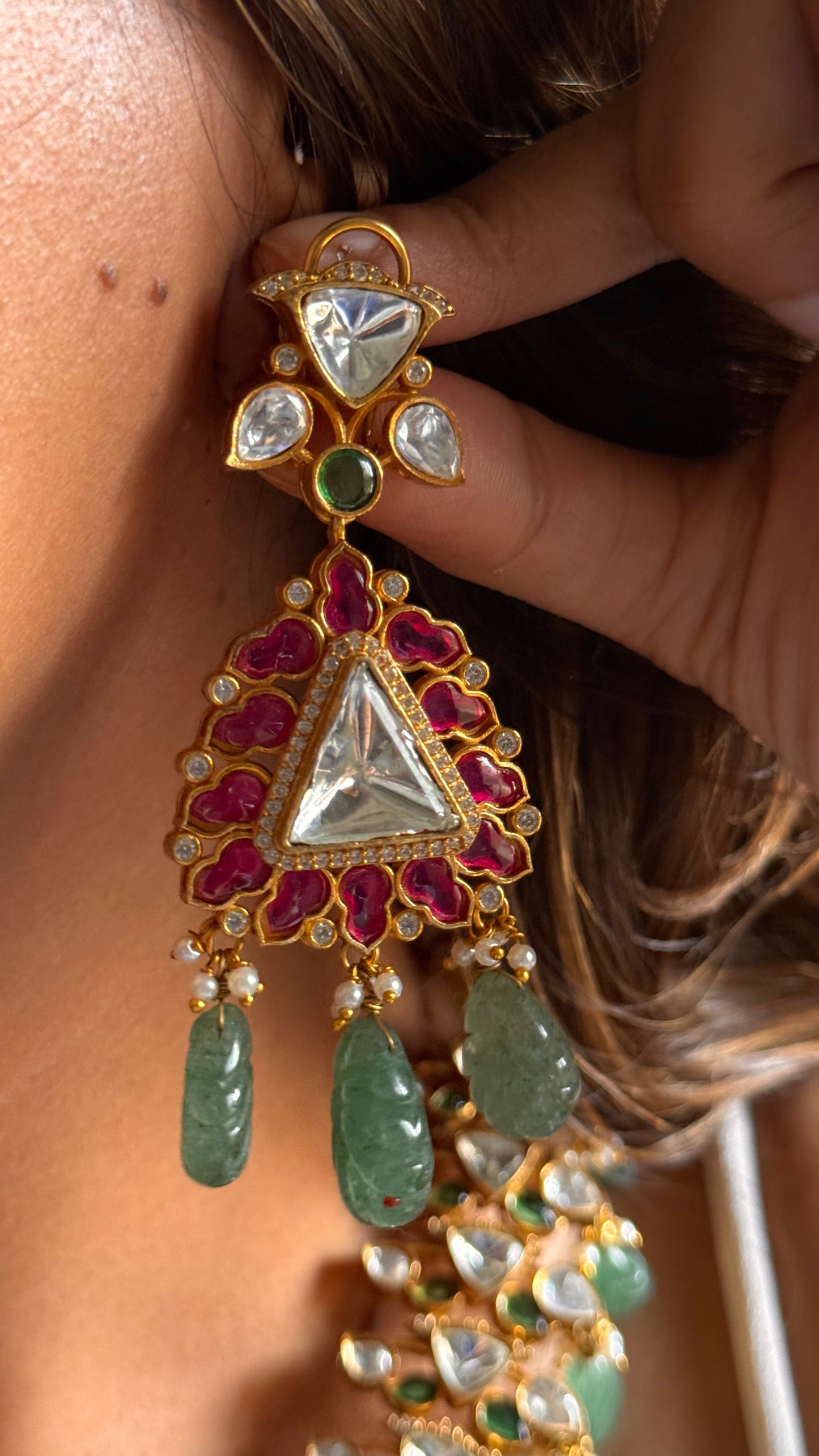 Emerald & ruby katdana moissanite polki with mint drops Necklace