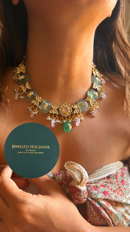 Mint inlay work with rose quartz & emerald drops & emerald meenakari paachi collar set