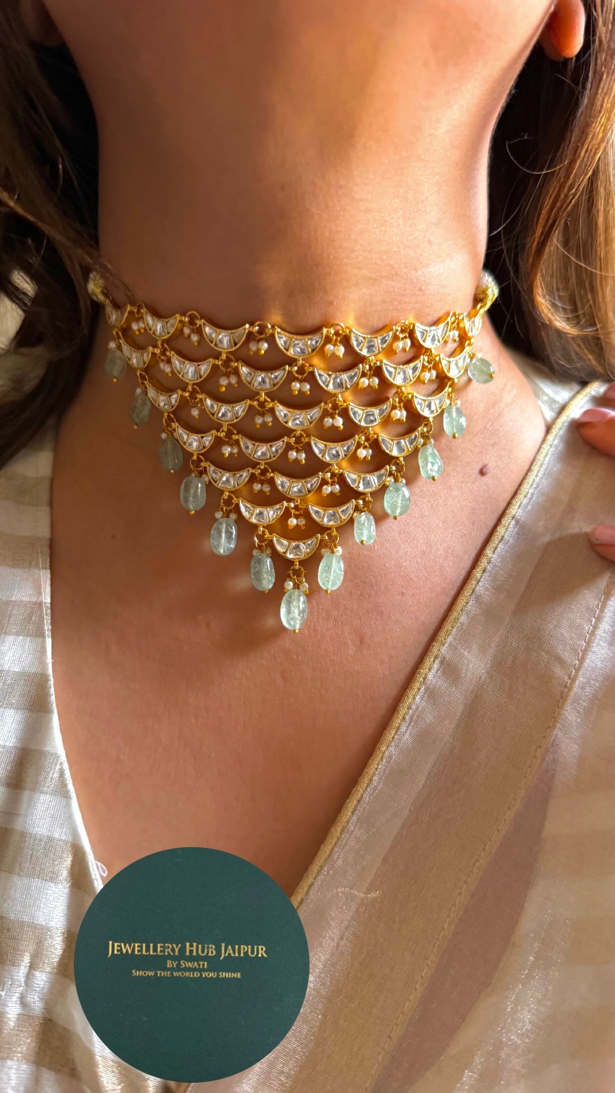Design white half moon with mint drops choker  Necklace