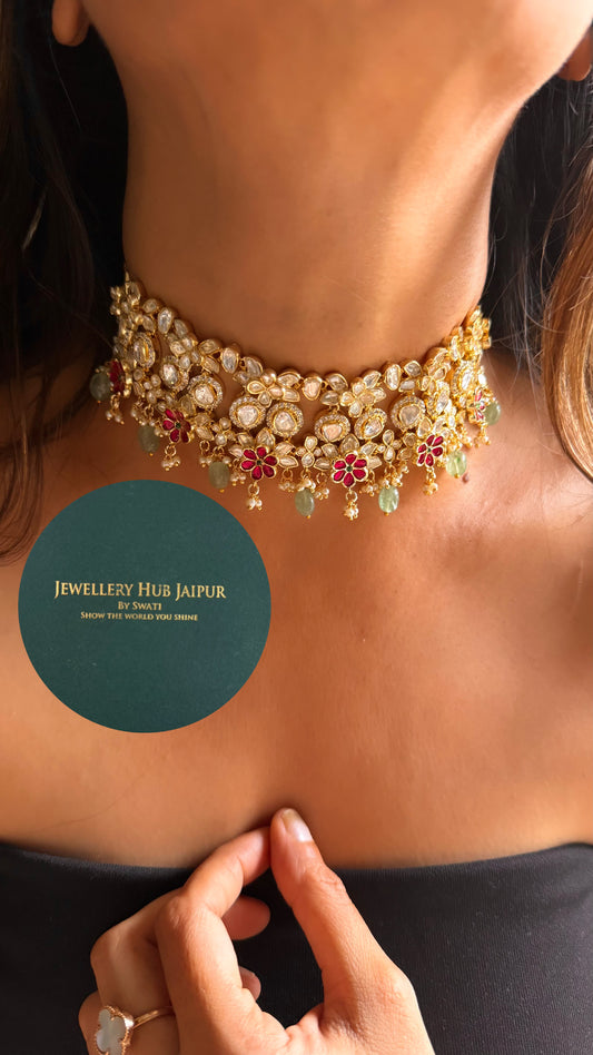 Rani pink floral real moissanite choker set