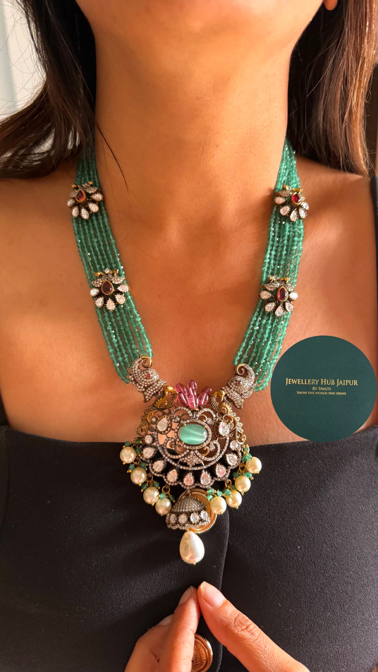 Mint victorian Chandi polki long necklace