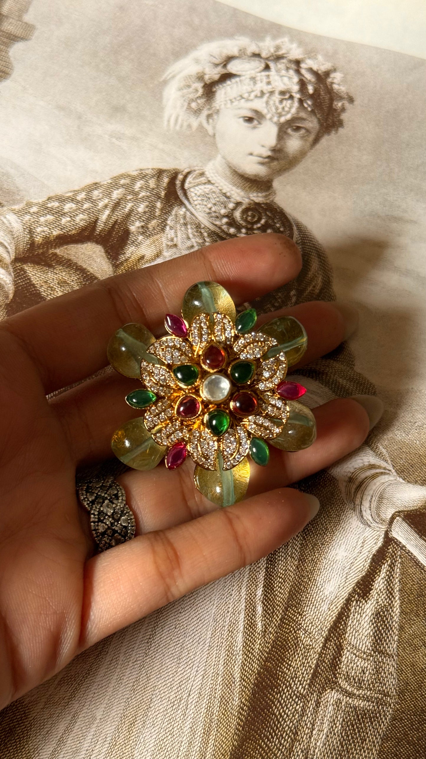 Mint, emerald & rani pink floral adjustable ring
