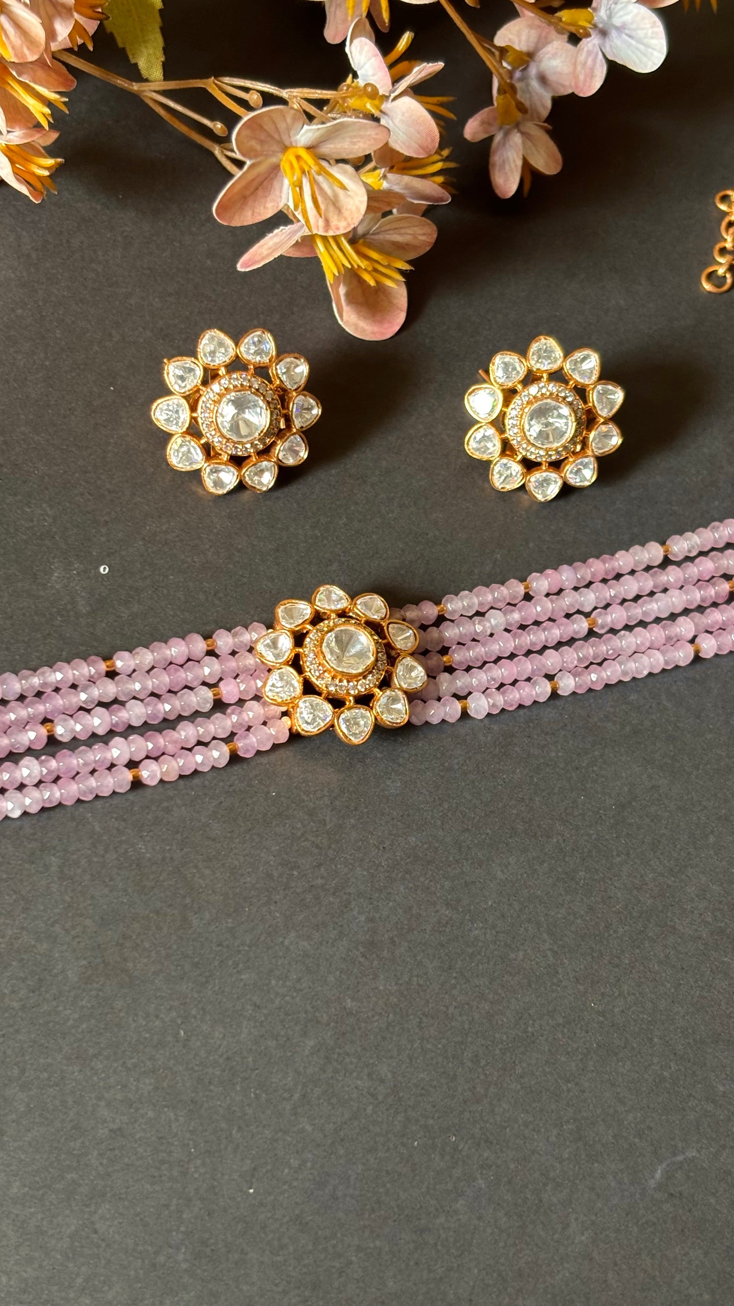 Real Moissanite floral polki Lilac pearl detailing choker necklace