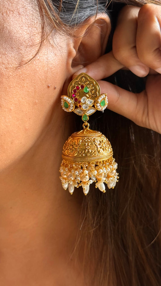 Mint & rani pink golden heritage jhumka