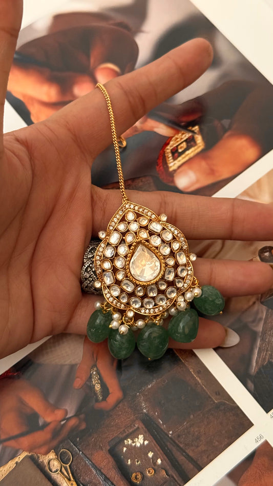 Moissanite polki with mint drop maangtika