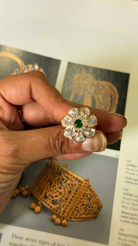 Emerald floral Polki adjustable ring
