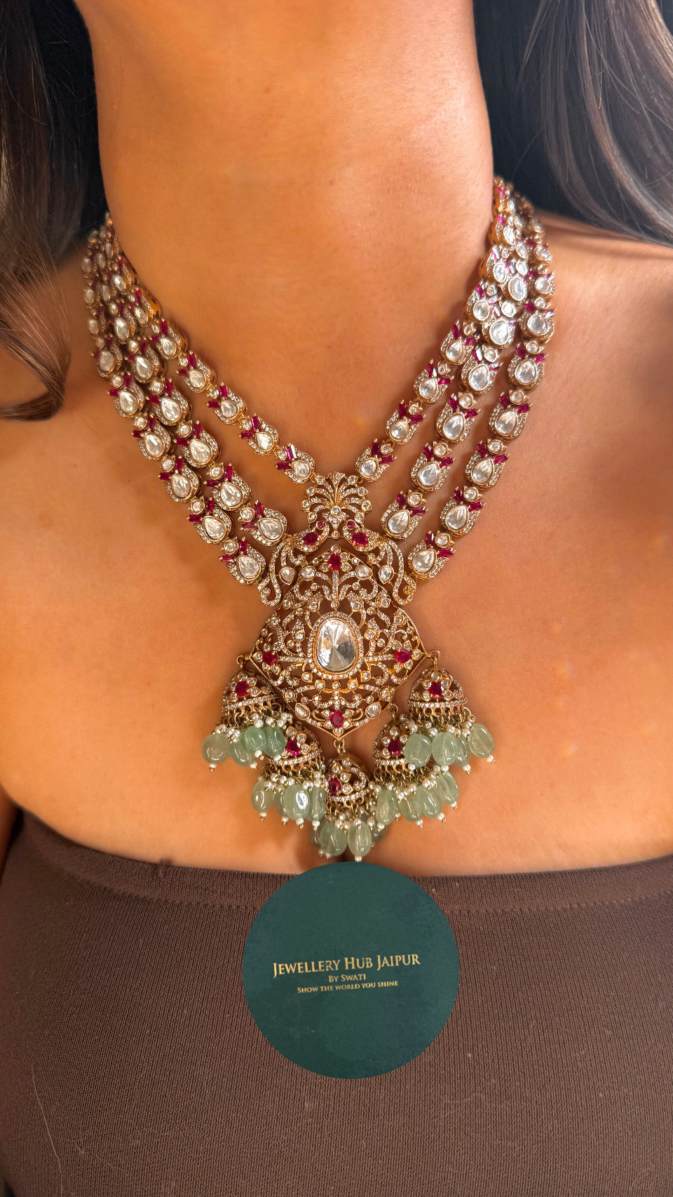 Triple line ruby moissanite ling rani Har with strawberry drops