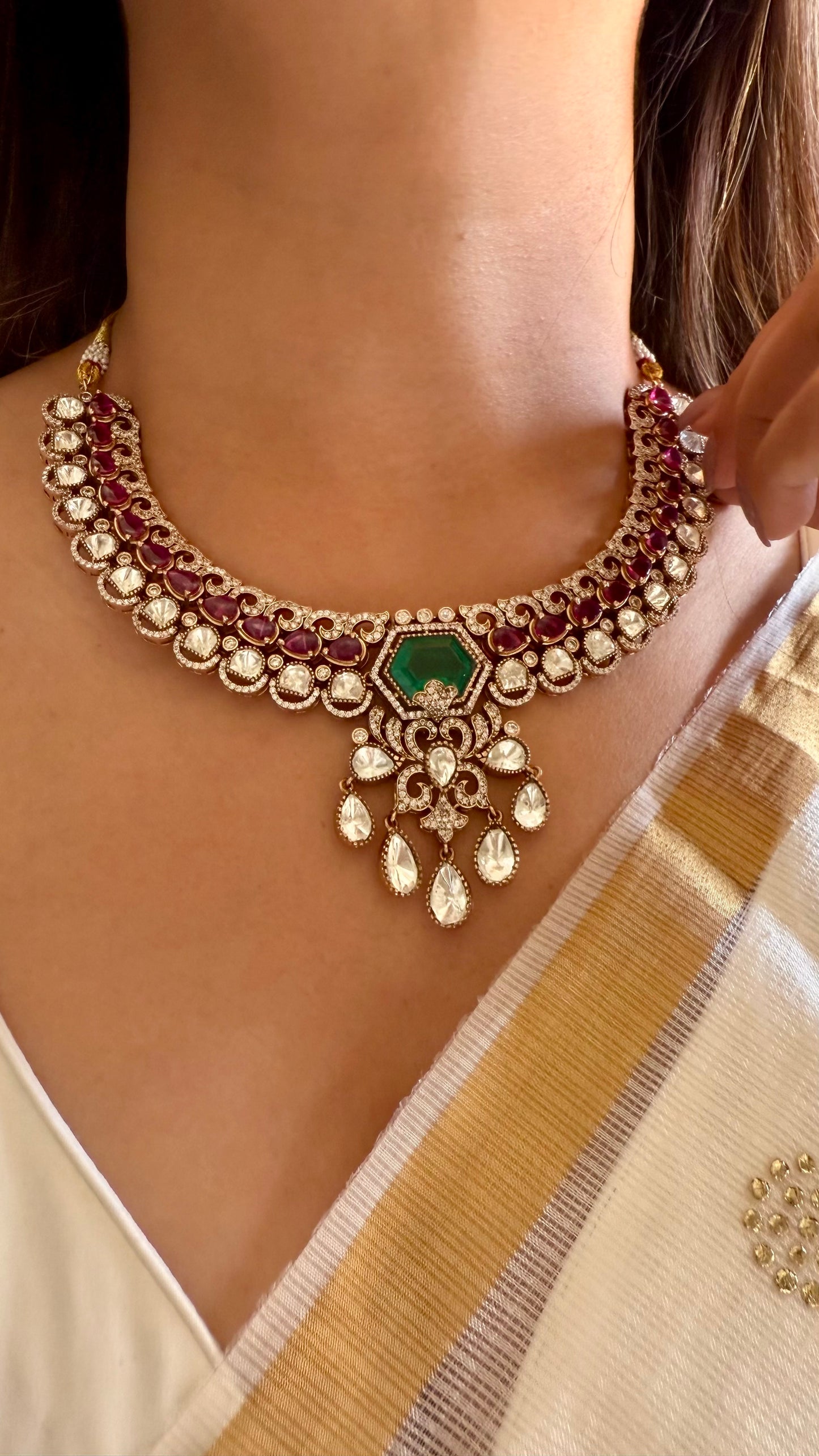 Emerald doublet ruby moissanite polki collar necklace