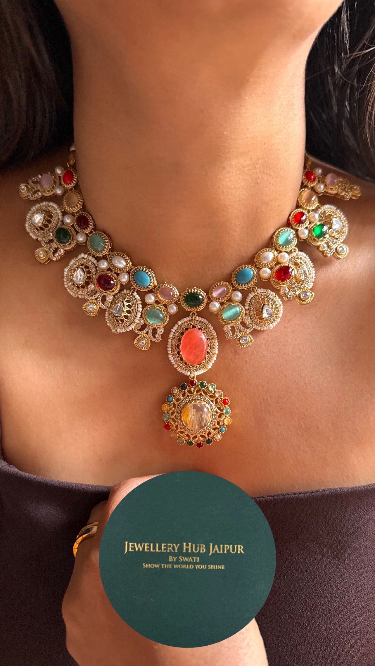 Sabhyasachi inspired navratna peach necklace