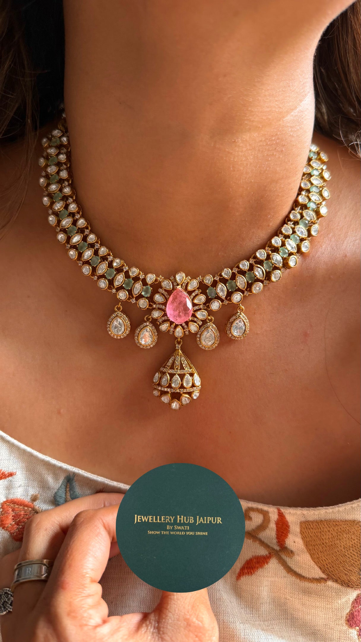 Rose quartz & mint doublets real Moissanite collar necklace