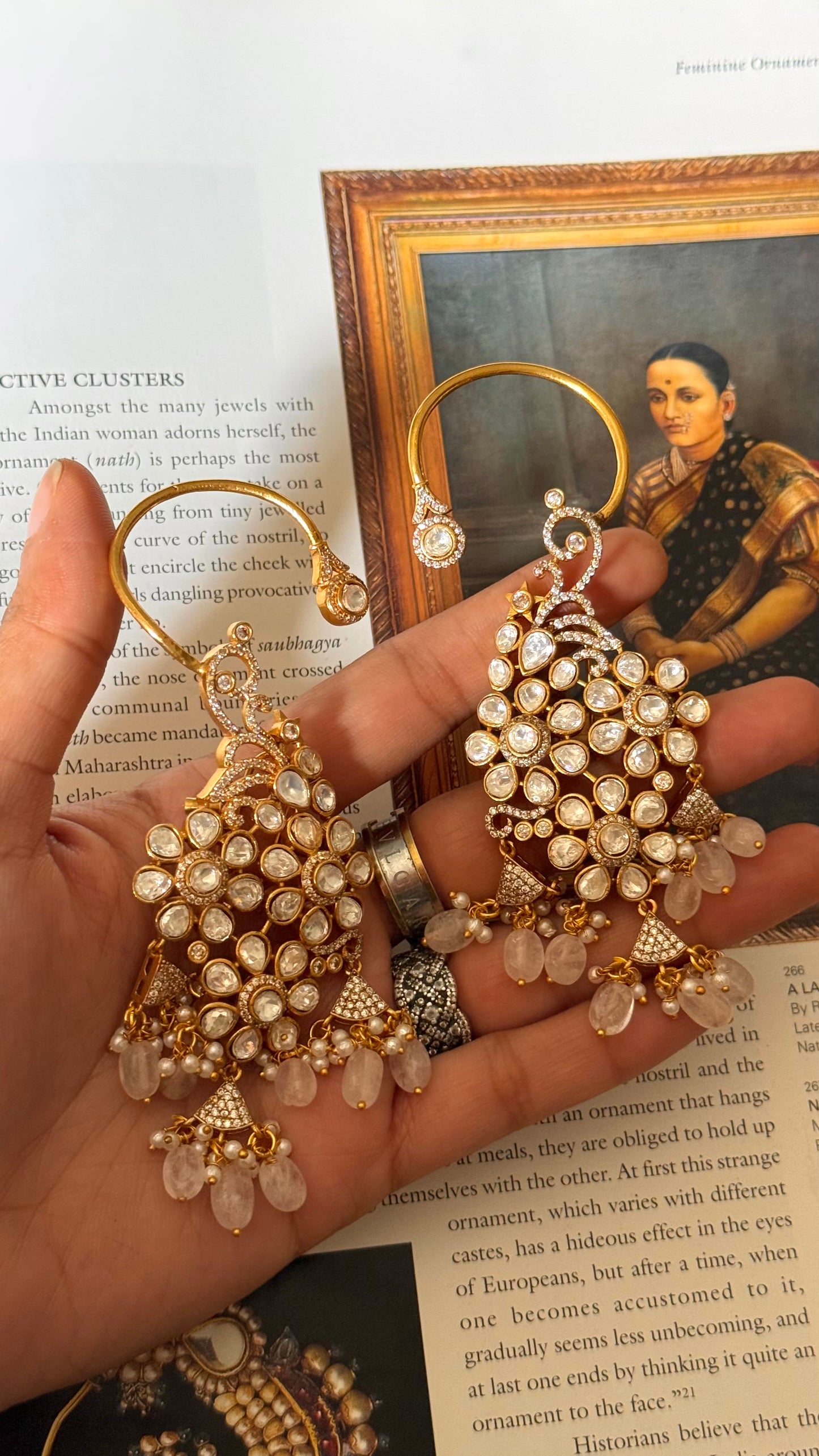 Moissanite polki with pearl rose quartz earrings