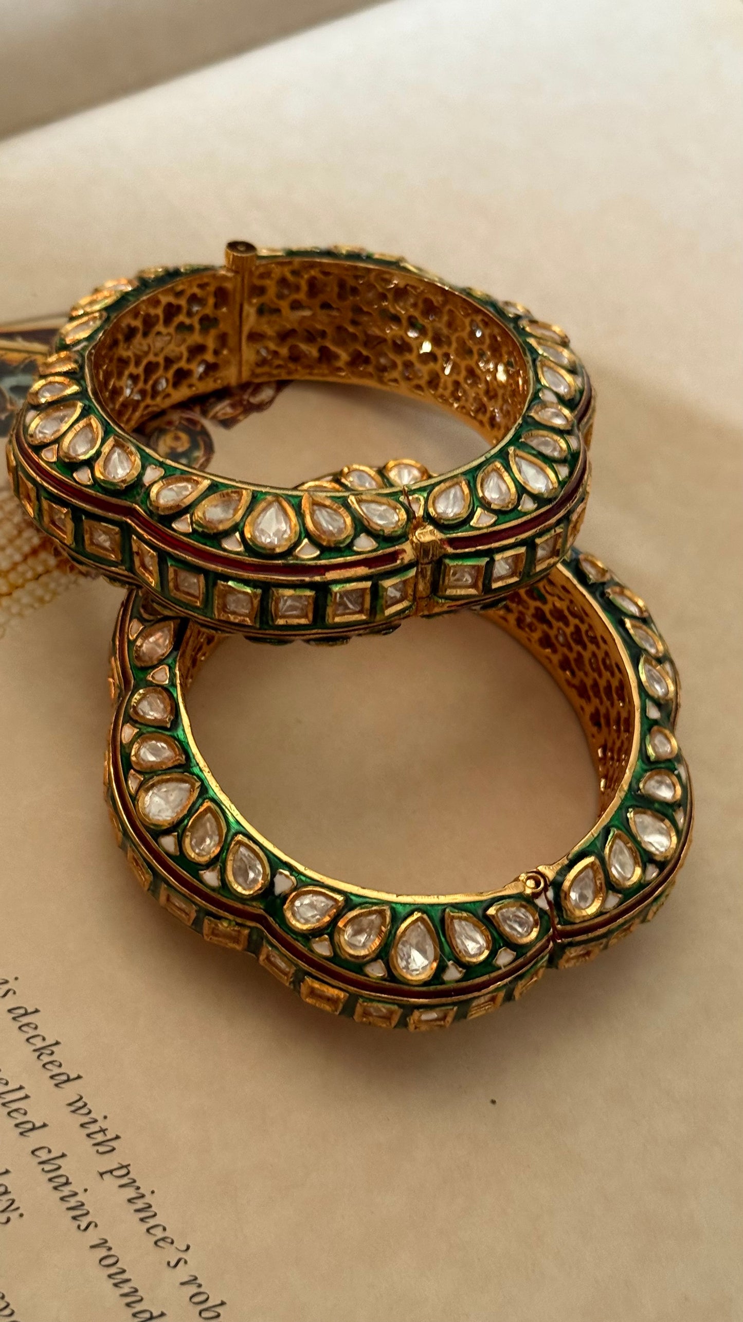 Emerald & ruby meenakari polki openable bangle