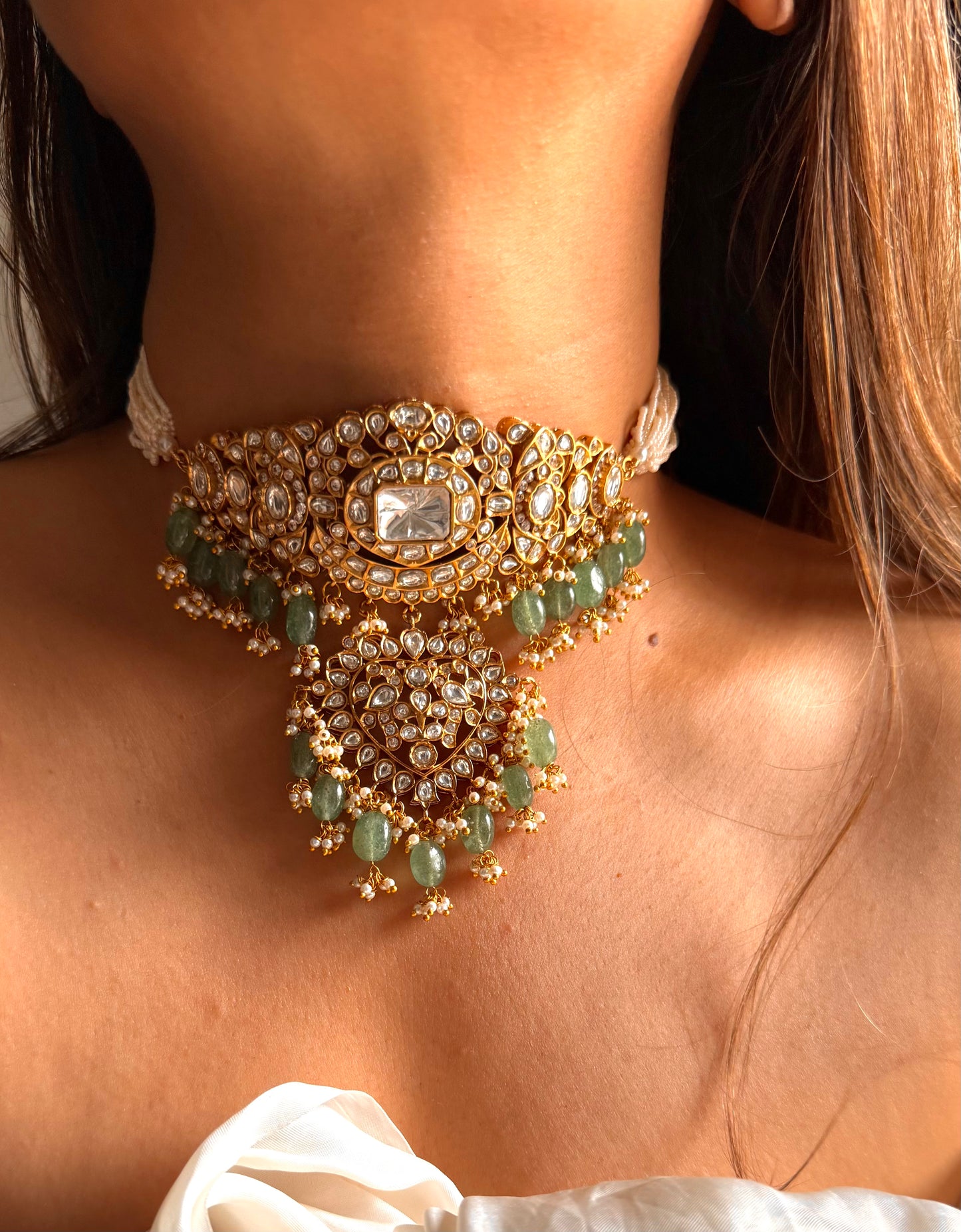 Rukmani Moissanite polki rajwada choker with mint drop