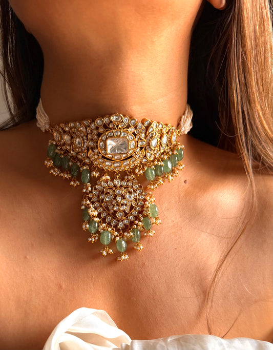 Rukmani Moissanite polki rajwada choker with mint drop