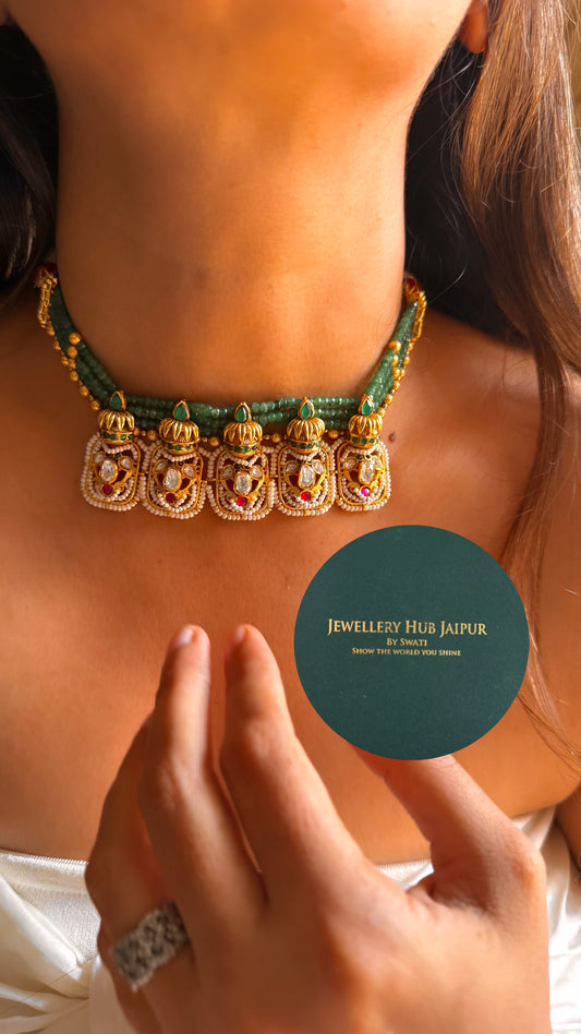 Emerald & rani pink designed kalash real moissanite choker set