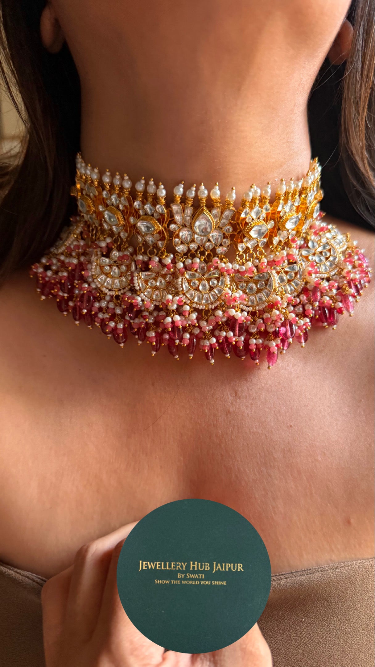 Lotus inspired chaand nakashi with rani pink drop bridal Necklace