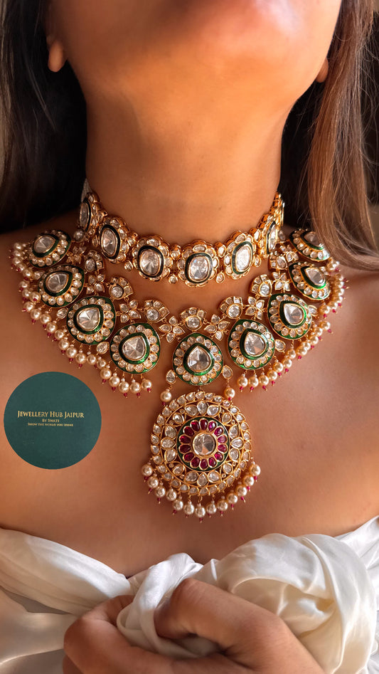 Bridal asia ruby & emerald polki necklace duo