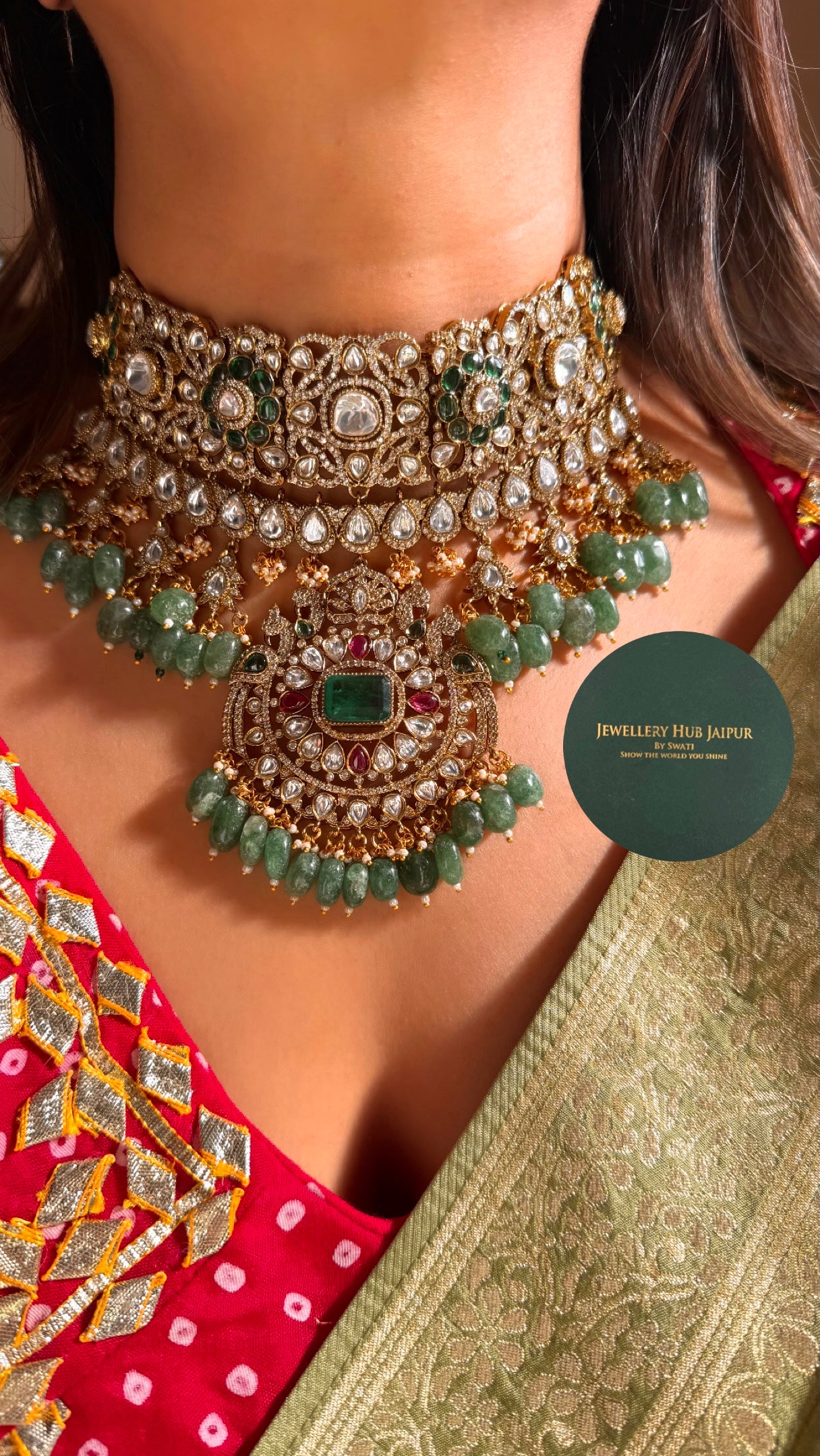 Emerald doublet & Rani pink with mint drops choker set