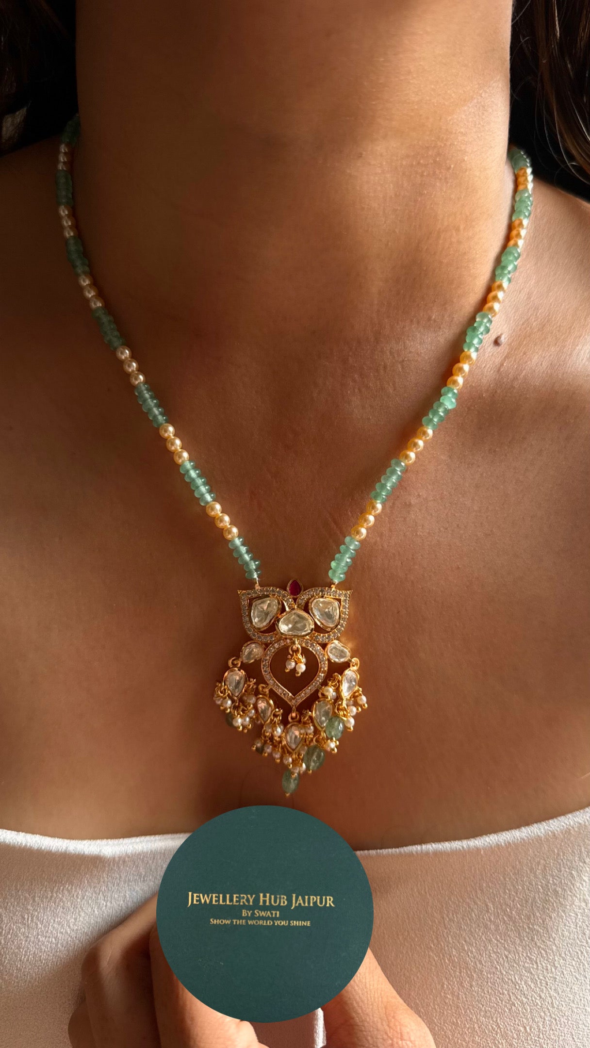 Real Moissanite peeli polki pendant set