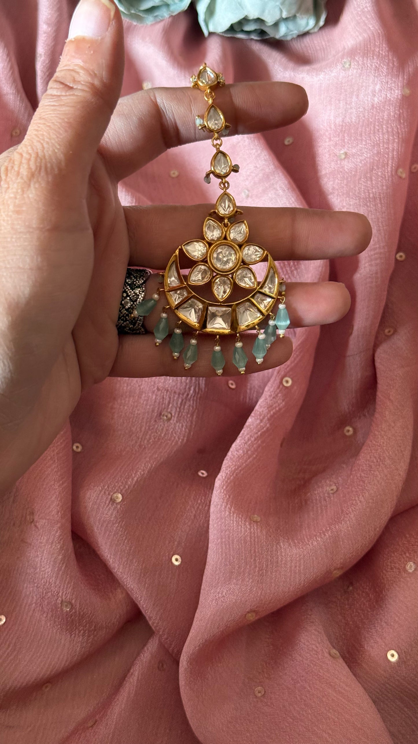 Chandbali maangtika with mint drops