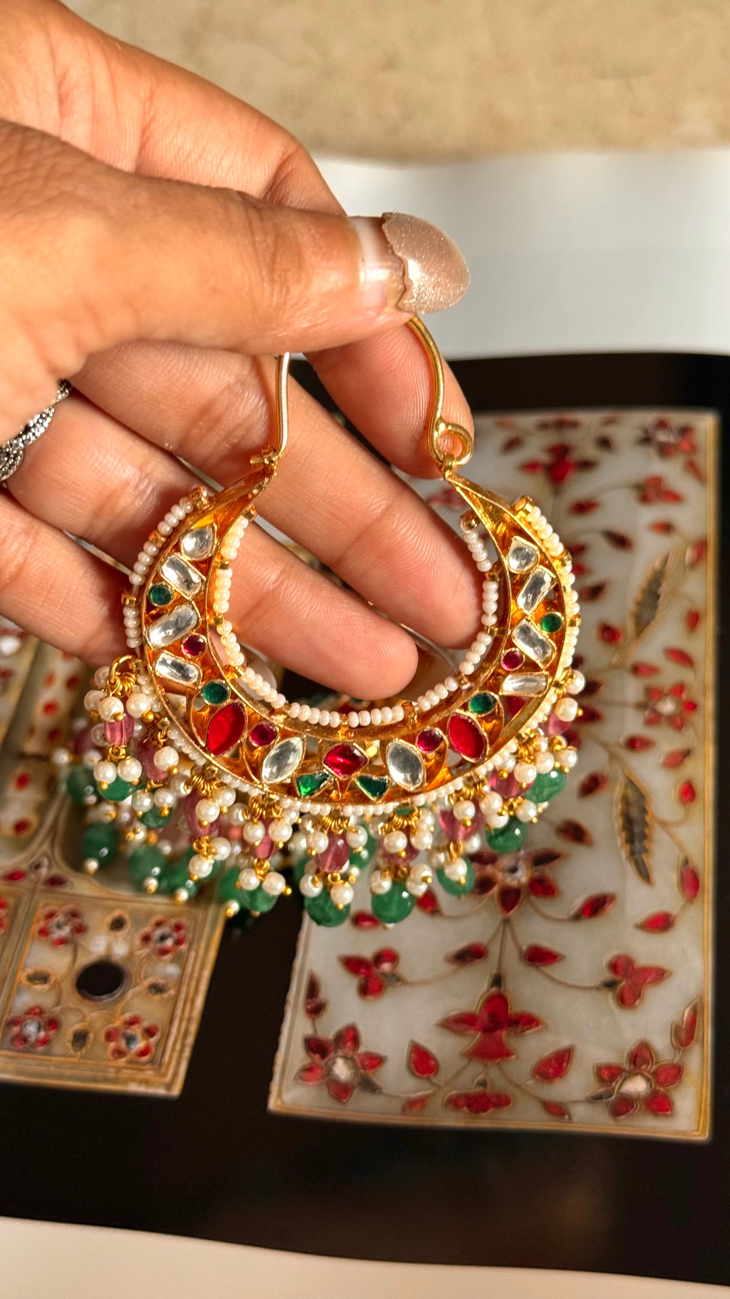 Paachi Rani pink & emerald rajwada style earrings with emerald & rani pink drops
