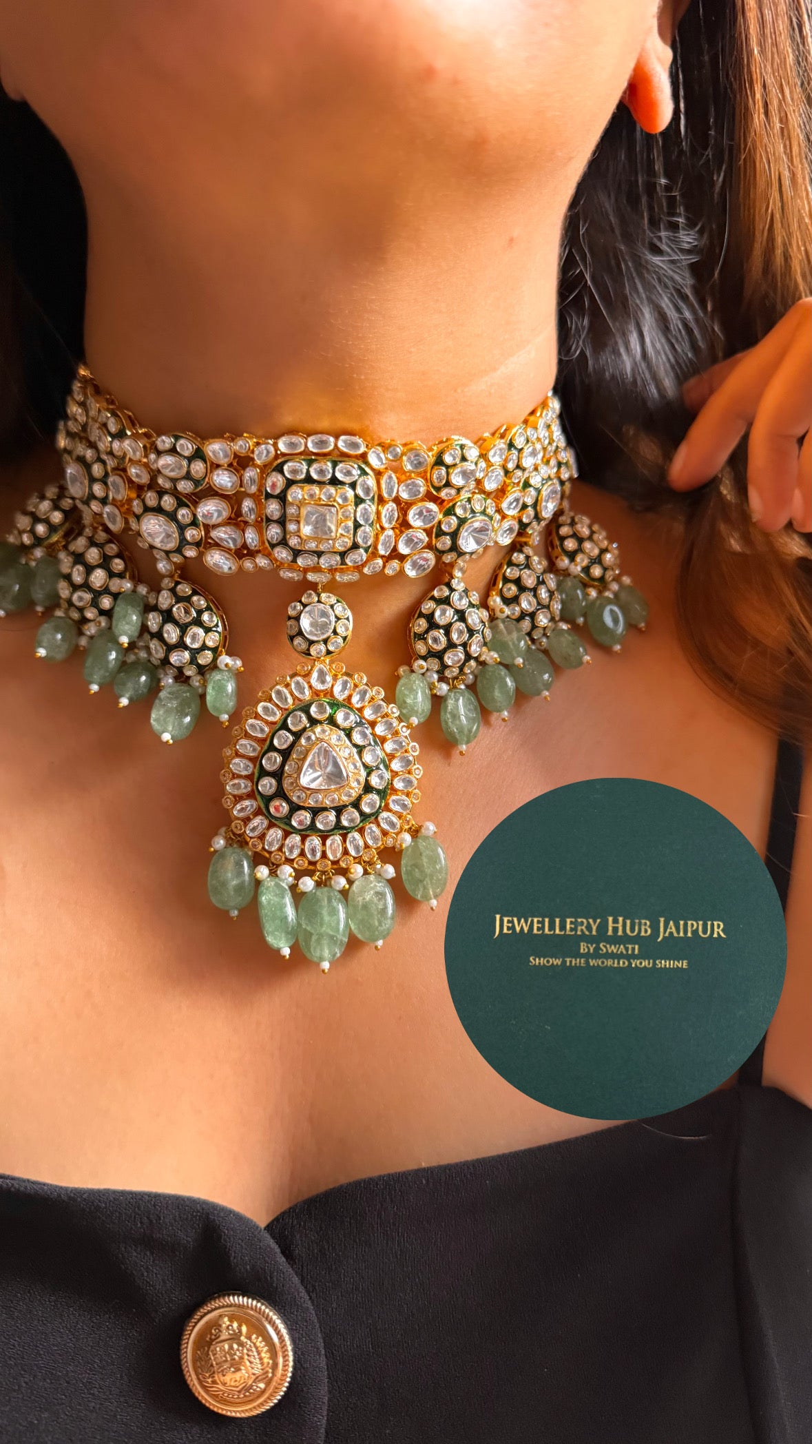 Meenakari emerald and mint polki choker necklace set