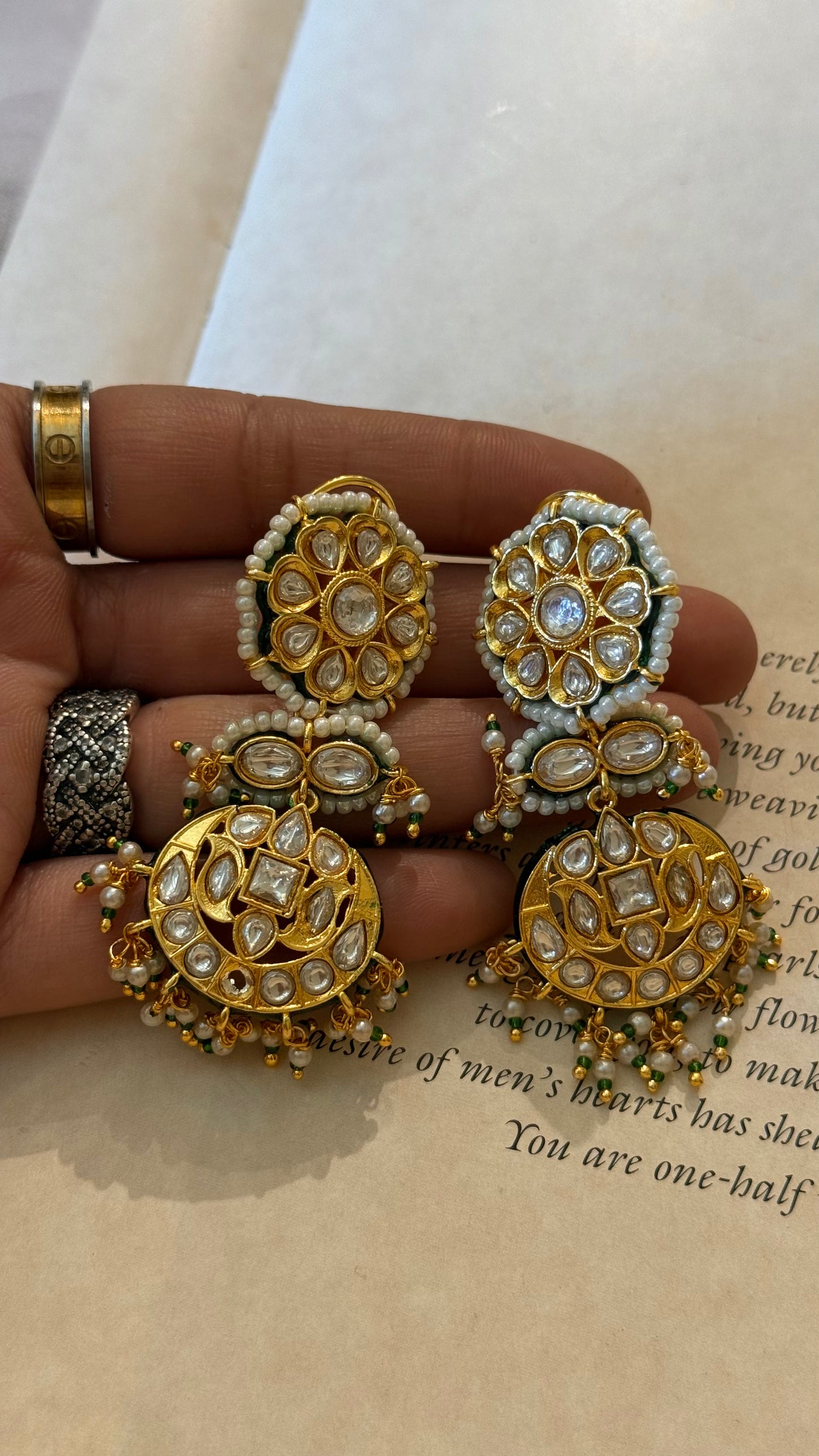 Meenakari gold polki earrings with pearl hangings