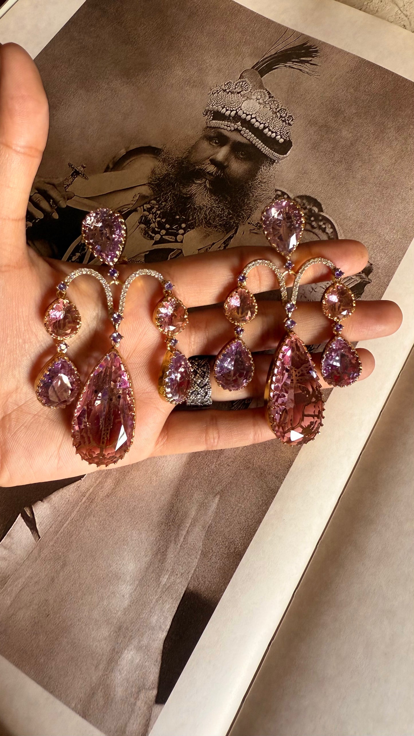 Sabhyasachi inspired light tanzanite & rose quartz danglers