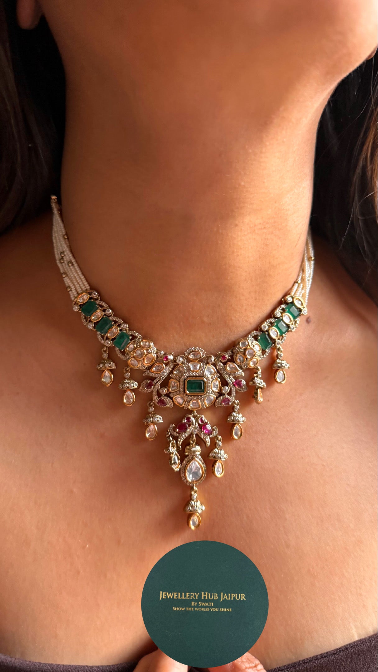 Vintage emerald with Rani pink statement necklace