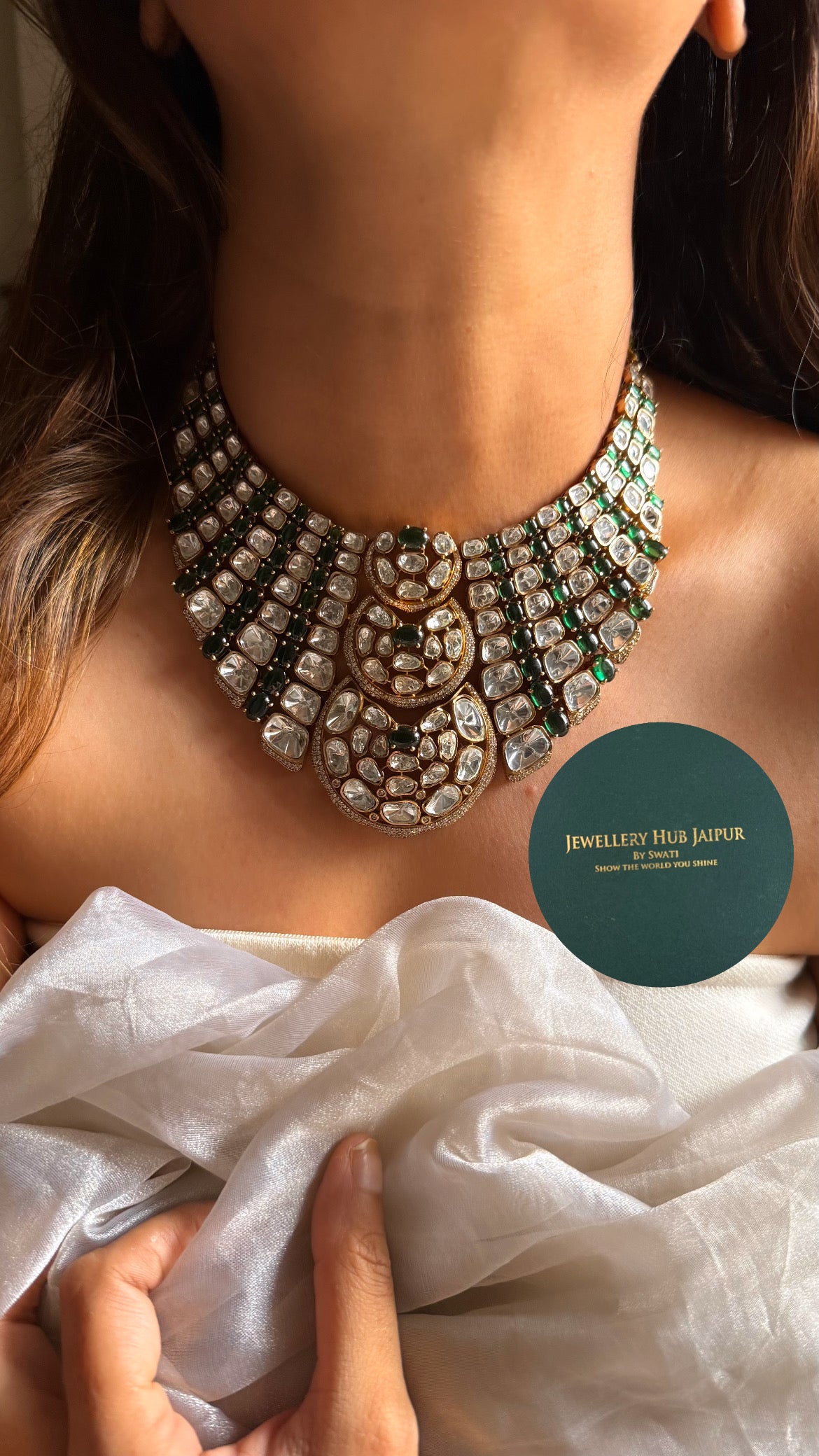 Emerald doublet & moissanite uncut polki Victorian choker set