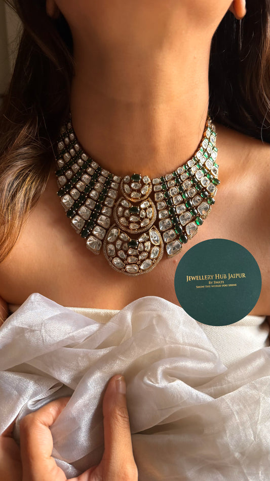 Emerald doublet & moissanite uncut polki Victorian choker set