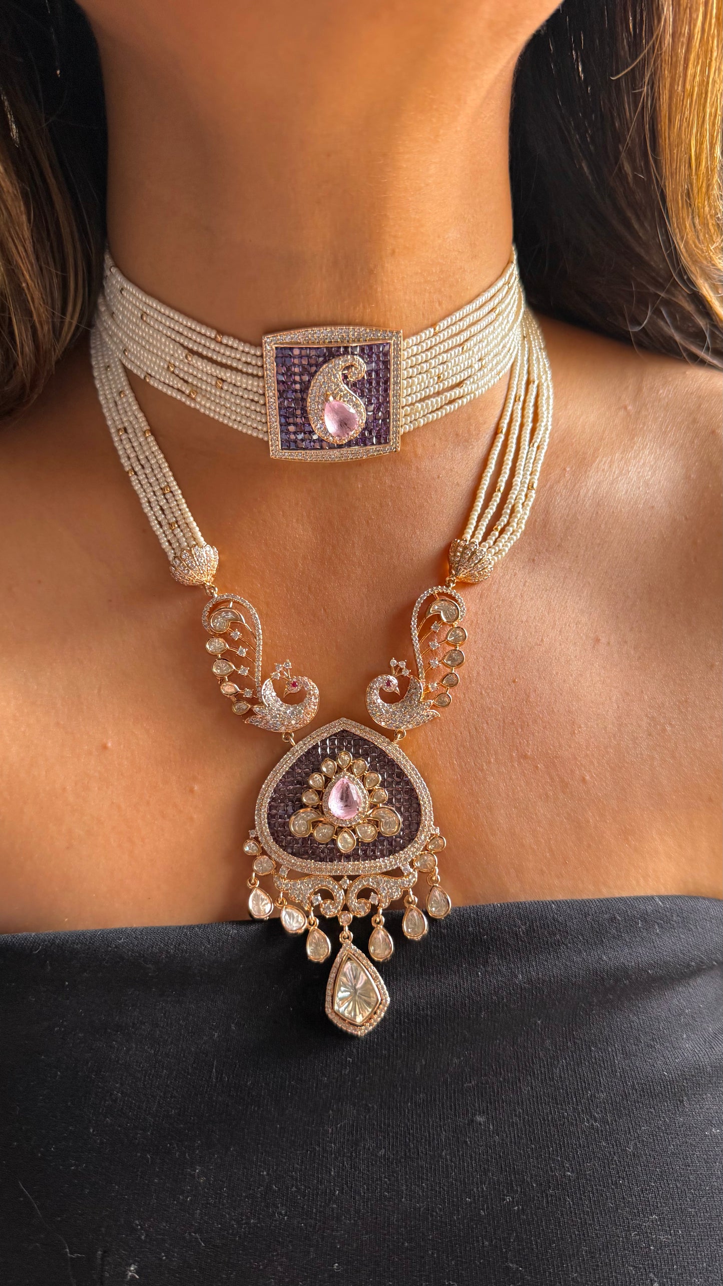 Tanzanite & rose, quartz design, designer necklace combo