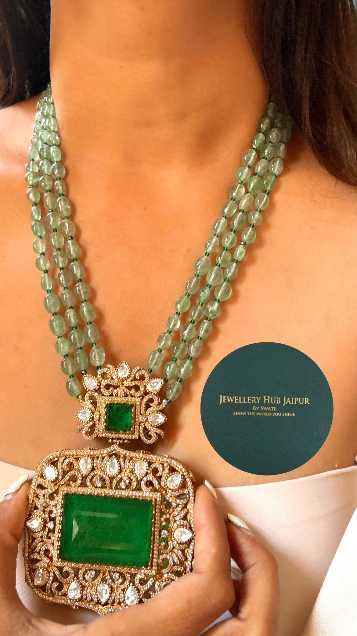 Designer Panda Gold Emerald long necklace set